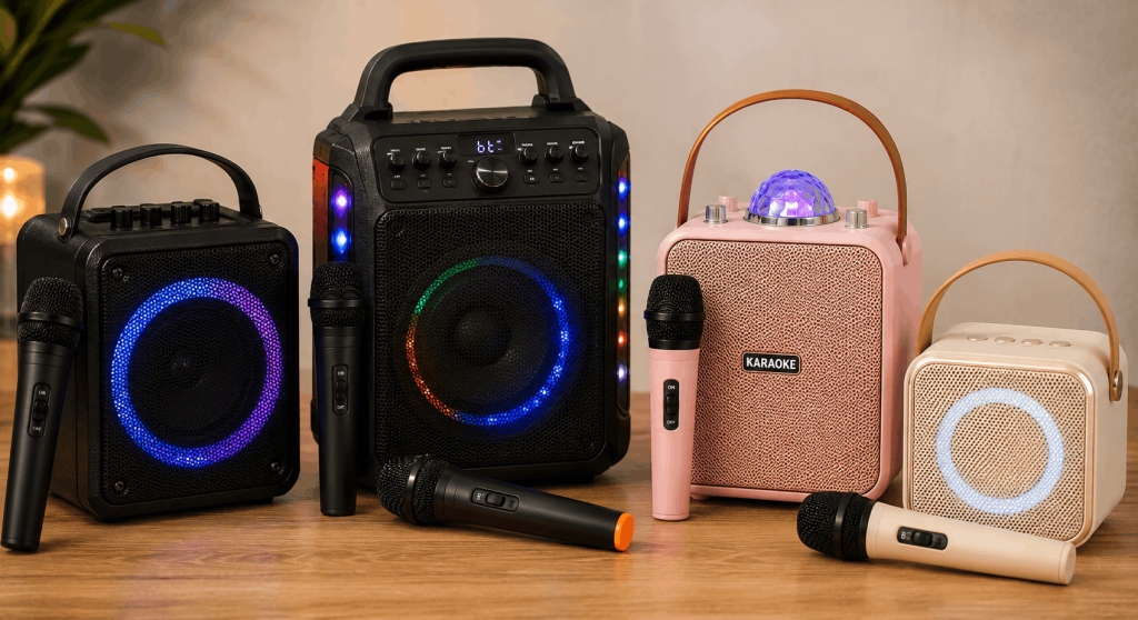Affordable portable karaoke systems under $100 with wireless microphones, compact speakers, handles, and LED lights.