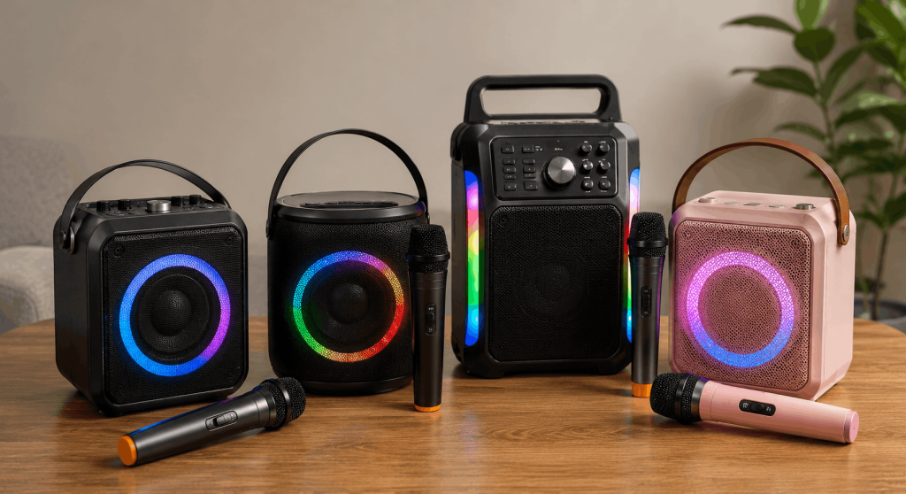 Portable karaoke systems under $100 with wireless microphones, compact speakers, handles, and colorful LED lighting.