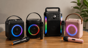 Portable karaoke systems under $100 with wireless microphones, compact speakers, handles, and colorful LED lighting.