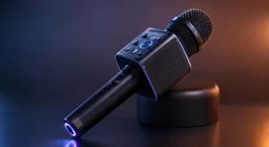Wireless Bluetooth karaoke microphone with built-in speaker, echo controls, and portable design for home singing.