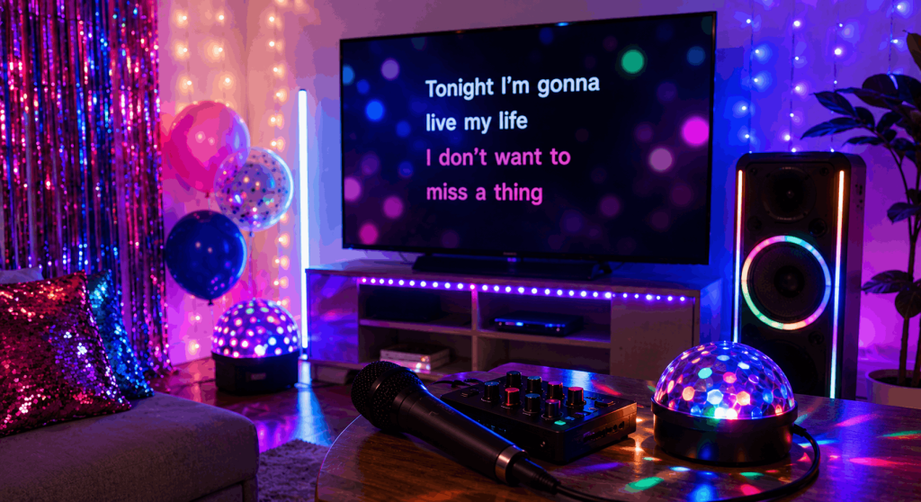 Affordable karaoke party setup with LED lights, disco lighting, balloons, microphone, speaker, and simple home decor.