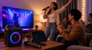 Friends enjoying a simple home karaoke night with one speaker, microphones, TV, and tablet for an easy setup.