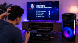 Man troubleshooting karaoke TV sound issues with a microphone, audio system, cables, and speaker at home.