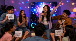 Friends enjoying fun karaoke challenges with microphones, music games, colorful lights, and group singing at home.