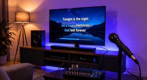 Home TV karaoke setup with HDMI-connected audio mixer, microphone, speaker, and large screen for singing.