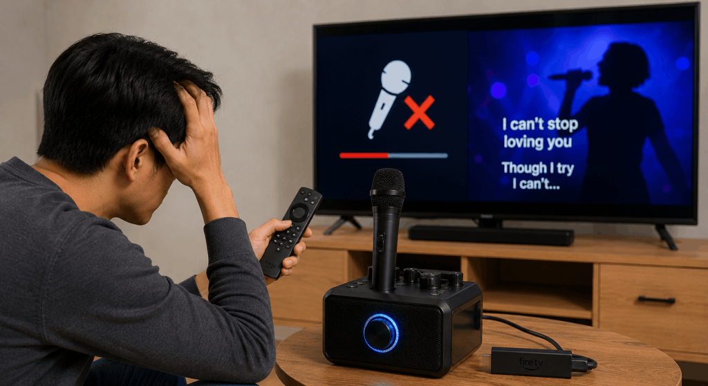Man troubleshooting Fire Stick karaoke with a TV, remote, microphone, and speaker after the audio stops working.