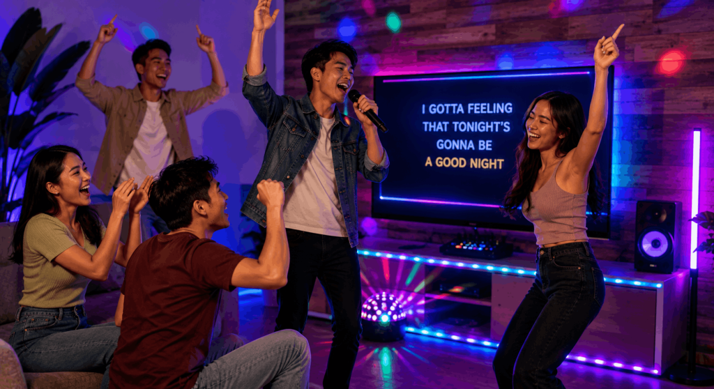 Friends singing and dancing together at a lively home karaoke party with microphones, speakers, and colorful lights.