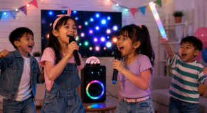 Children singing with microphones at a kid-friendly karaoke party with colorful lights and a safe home setup.