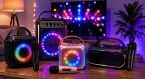 Affordable karaoke machines with microphones, portable speakers, and LED lights arranged for a fun home karaoke party.