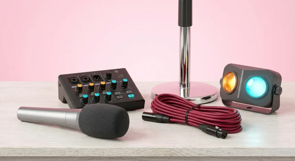 Best Karaoke Machine accessories: a microphone, audio mixer, stage light, and XLR cable for an enhanced experience.