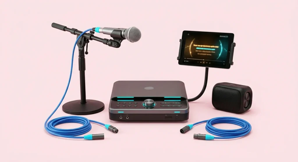 Best Karaoke Machine setup featuring a microphone on a stand, a karaoke mixer, a tablet with lyrics, a speaker, and XLR cable