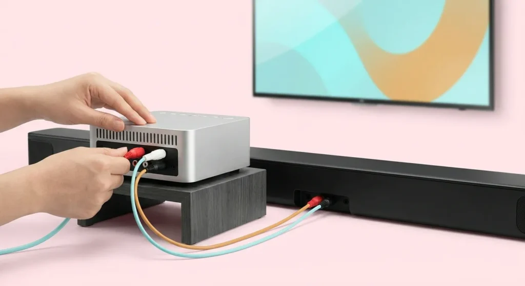 Person connecting RCA cables from a Best Karaoke Machine audio mixer to a black soundbar, illustrating a home karaoke setup.