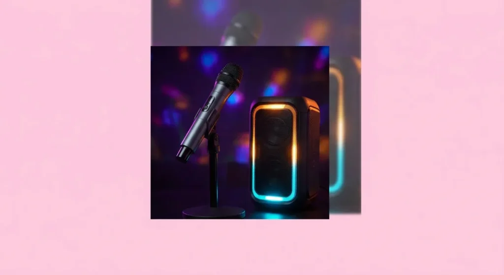 Best Karaoke Machine: Microphone on stand with portable speaker featuring vibrant LED lights, essential karaoke accessories f