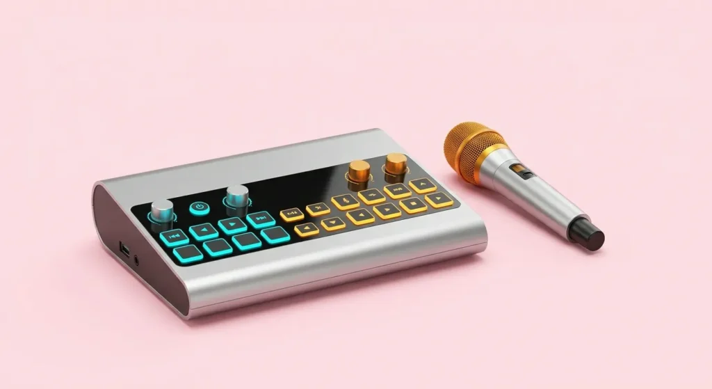 Best Karaoke Machine setup: modern silver mixer with glowing buttons and a gold microphone, perfect for improving your karaok