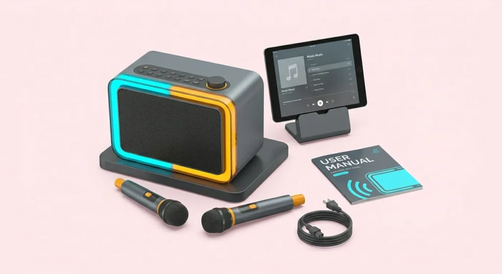 Bluetooth karaoke machine setup featuring a speaker with LED lights, two microphones, a tablet, user manual, and power cable.