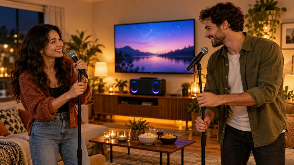 Karaoke duet setup with two singers and microphones in a home living room