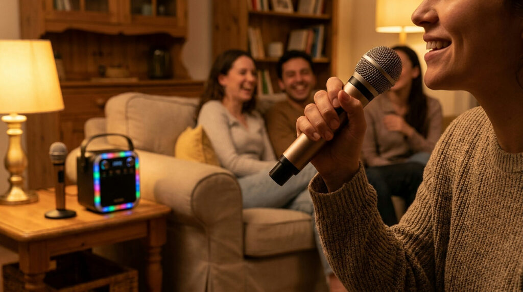 Singer at home showing good karaoke microphone technique, holding the mic by the handle and aiming it at the mouth