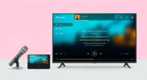 Best Karaoke Machine: Smart TV displaying a karaoke app with lyrics, a microphone, and a tablet, ready for a karaoke night.