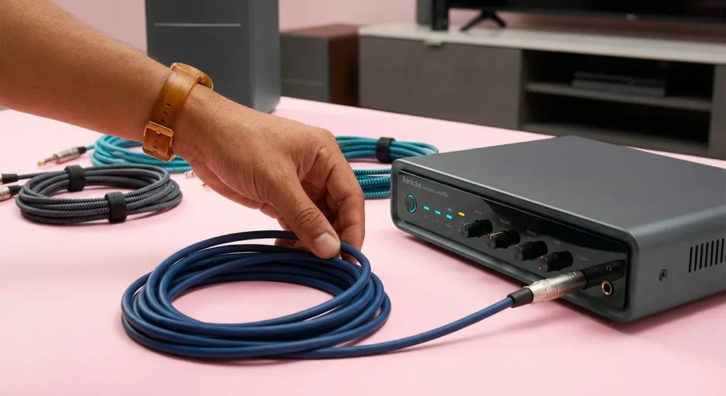 Person connecting an XLR audio cable to a karaoke amplifier, troubleshooting sound issues for Best Karaoke Machine setup.