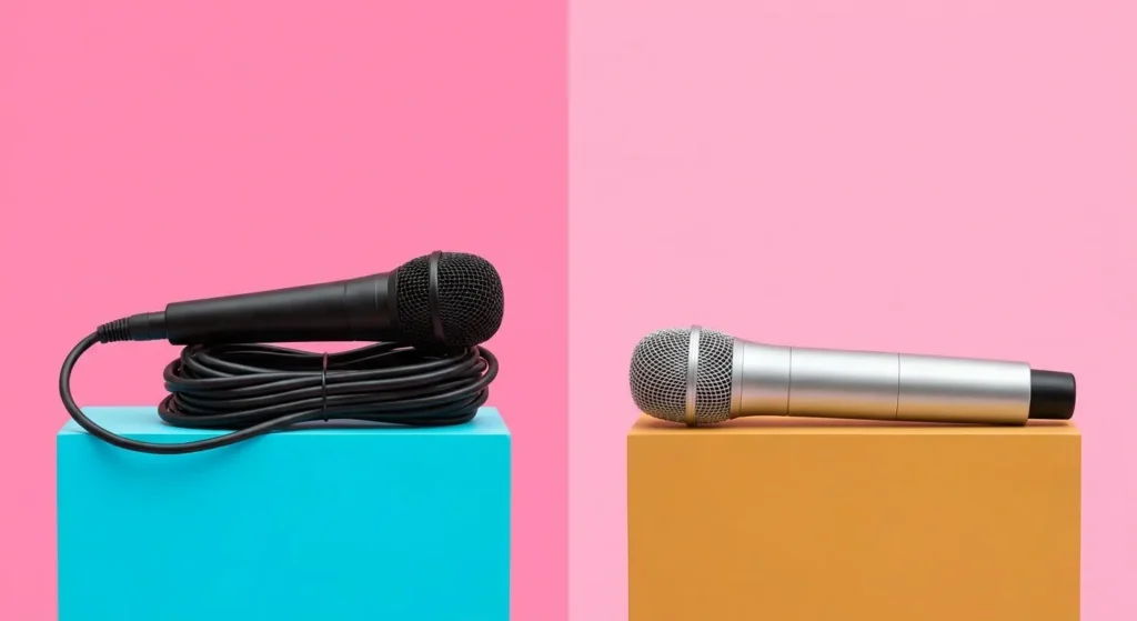 Best Karaoke Machine: A black wired karaoke microphone with its cable next to a silver wireless karaoke microphone, illustrat